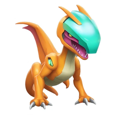 a shiny Genesect-Charizard-Raptor-Fakémon—hybrid with a futuristic visor-helmet full body sticker
