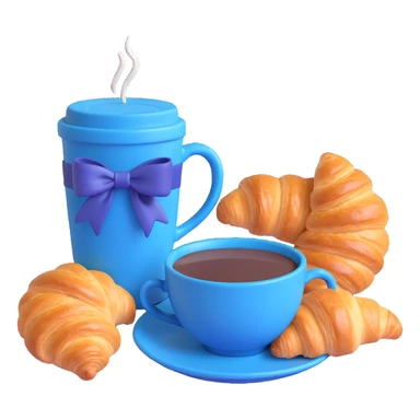 A blue cup of coffee with a flower on top and a blue bow, next to a croissant, in a warm, cozy setting. sticker