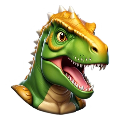 Cinematic Noble T-rex Portrait Emoji, Poised and commanding, with a massive, powerful head, a robust, muscular body, tiny, determined arms, and a fearsome yet noble gaze, Simplified yet sharply defined features, highly detailed, glowing with a cool, primal radiance, high shine, intelligent and formidable, stylized with an air of ancient predatory authority, focused and vigilant, soft glowing outline, capturing the essence of a watchful and confident T-rex that appears ready to roar out of the screen with effortless might! sticker