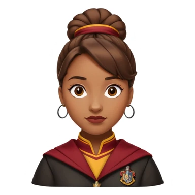 Angelina Johnson in harry potter, wear hogwarts gryfindor uniform,  thick, brown knot bun hair , reflecting her bold, stylish, and strong personality sticker