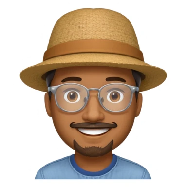 Brown man smiling with hat, clear glasses and goatee sticker