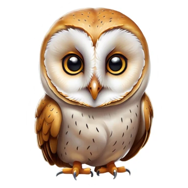 Cinematic Comical Barn Owl Portrait Emoji, Head tilted dramatically with an exaggeratedly amused expression, featuring a striking mottled plumage with bold contrasts, wide, expressive amber eyes filled with playful disbelief, Simplified yet hilariously expressive features, highly detailed, glowing with a slightly sassy glow, high shine, dramatic yet playful, stylized with an air of cheeky nocturnal mischief, bright and endearing, soft glowing outline, capturing the essence of a spirited and over-the-top owl, so meme-worthy it feels like it could hoot its way into internet fame instantly! sticker