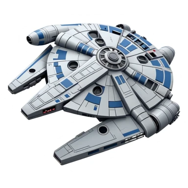 Halcón Milenario de Star Wars, iconic spaceship, simplified details, three-quarter view, gray and blue colors, friendly and recognizable sticker