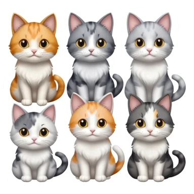 6 realistic looking cats with different natural coloured coats, assorted grey and white, greys, calico colours etc
 sticker