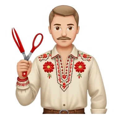 Ukrainian man in traditional vyshyvanka embroidered shirt holding red scissors in one hand and a spanner in the other hand sticker