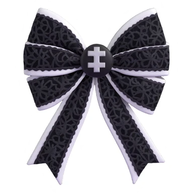 3D emoji gothic bow, white velvet, silver cross charm, black lace overlay sticker