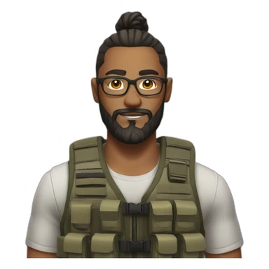 Man with man bun, beard and glasses, with a tactical vest on sticker