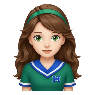 A pretty girl has blue eyes, her hair is brown long wavy hair, and wear green Hawkins cheerleader uniform sticker
