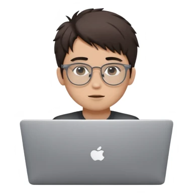 Apple Memoji-style 3D avatar, young man with light skin, short messy dark brown hair, black rectangular glasses, sitting behind a silver laptop with only eyes visible, cute minimal plastic look, smooth shapes, studio light, pure white background, centered, 1:1, ultra clean, 4k sticker