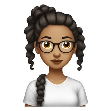 Light skinned girl with a dark brown ponytail with a scrunchie and is wearing a white t shirt and is wearing light glasses with acne and earrings  sticker