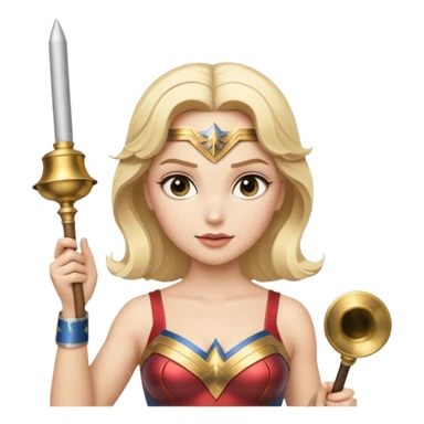 Blonde Wonder Woman holding short white orchestra conductor’s baton and bell sticker