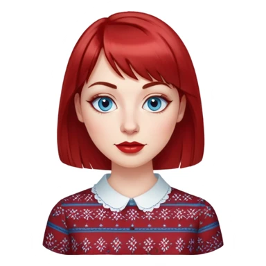 Woman in her 30s with clear white skin, oval face, large blue eyes with eyeliner, thin eyebrows, small nose, medium lips with red lipstick, dark red straight hair with bangs, wearing a red and white patterned shirt, friendly expression sticker