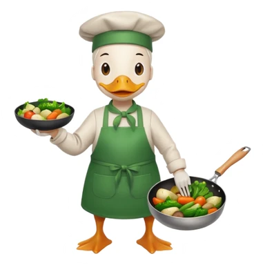 A duck holding a frying pan with sizzling vegetables, wearing green apron sticker