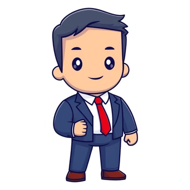 man wearing a dark blue-gray business suit with a white shirt and a red tie sticker