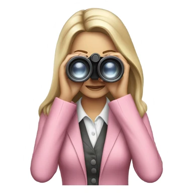 secretary style white female employee in pink suit using binoculars with long loose hair. must look straight in front of a camera sticker