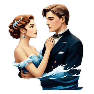 Icon for Titanic Movie: A vintage movie poster-style design featuring a dramatic scene of the ship, the iceberg, and a romantic silhouette of the main couple. Include elements like the ship’s bow, water splashes, and a starry sky in the background. Retro cinematic feel. Transparent background. sticker