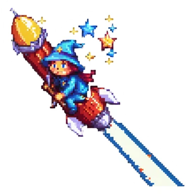 wizard rocket with a starry hat pixel art sticker
