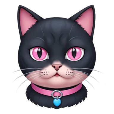 black cat with a pink collar. feels disgusted. one eye is light gray, the other is blue sticker