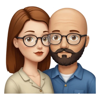Couple. Bald man with dark brown-black beard. White woman with many small, faded freckles, she has white skin and she has auburn-brown-cinnamon, dark long hair. She has light brown eyes. The man have hazel eyes and the man wear glass. She have light eyes. Retro style. She kisses him. sticker