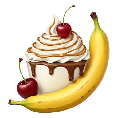 Coffee caramel, whip, whipped cream, a big banana sticking out of it with two cherries by the banana sticker