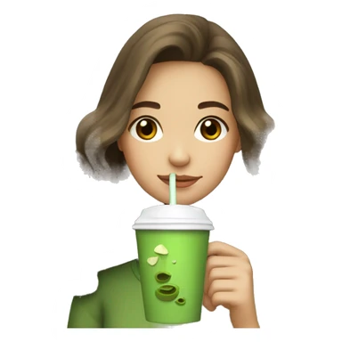 Girl long, wavy & brown haired drinking matcha  sticker