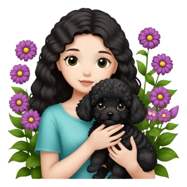 A long-haired girl holding a black maltipoo puppy in the flowers sticker