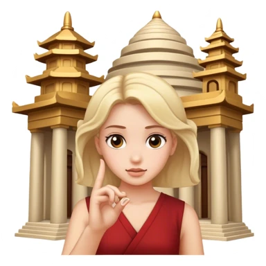The girl twists her finger at the temple sticker