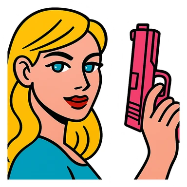 white girl with blue eyes, pink manicured hand holding a pink gun, confident expression sticker