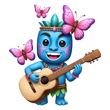 Pixar style little Cartoon Blue and pink tiki singing with a butterfly and playing a guitar, ultra detailed and lifelike imagery sticker