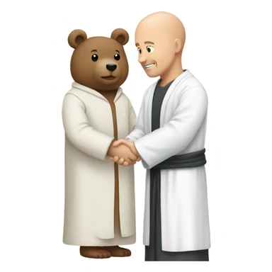 bald man in robe shaking hands with bear sticker