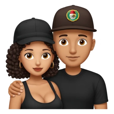 A picture of an embracing tanned couple. the man is a Mexican man with tanned skin, with a bald hair cut wearing a SnapBack hat and a black shirt. the woman has curly dark brown hair and with big boobs sticker