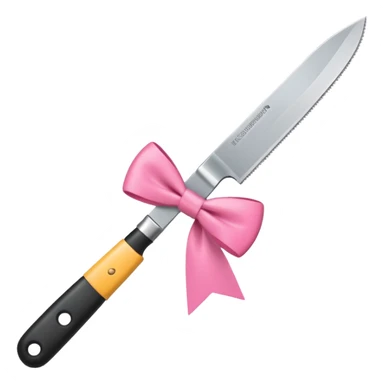 Kitchen knife with a pink bow tied around the handle, emoji style, simple, flat vector, white background, only one object sticker