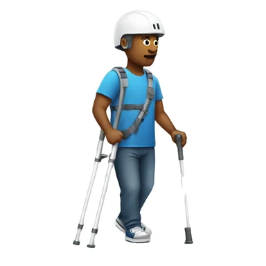 a man on crutches with a helmet sticker