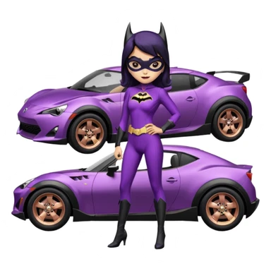 Relaxed adult 60’s Batgirl themed Satin black and rose gold colored Scion FR-S hot rod off road capable (tight fitting purple suit with black hair on her) sticker