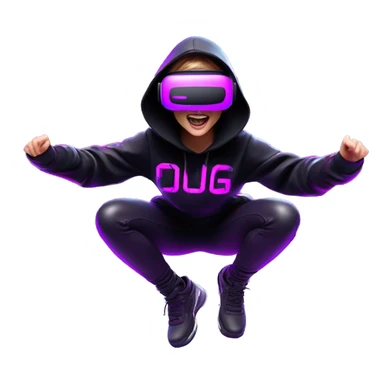 Russian girl wearing black hoody with violet letters "OMG", in vr headset oculus quest2. jumping. Cyberpunk style. Violet neon. sticker