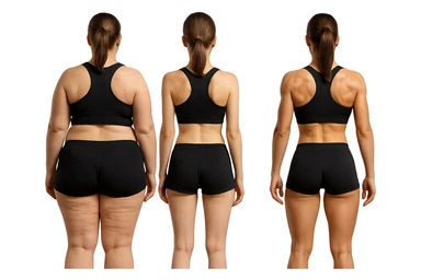 fai una donna di spalle in gym shorts leggermente sovrappeso e con cellulite e accanto una seconda donna di spalle magra (che è dimagrita post dieta) e accanto una terza donna in forma allenata e con le giuste proporzioni, l'immagine deve rappresentare il processo: da donna grassa, a donna piatta e magra, a donna allenata e in forma con i giusti muscoli, iperrealistico 4k sticker