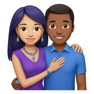 smiling embracing interracial couple. man is tan and has brown straight hair he is wearing blue. woman has very dark color skin and long black hair. she is wearing purple and has matching blue jewelry on sticker