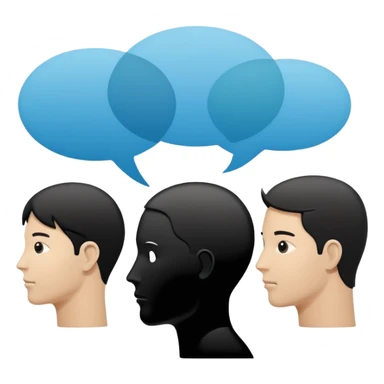 Minimalistic flat vector icon, iOS style, thin black contour on white background. Human head with speech bubble and small group of people silhouettes listening. Clean, no text, no shadows sticker