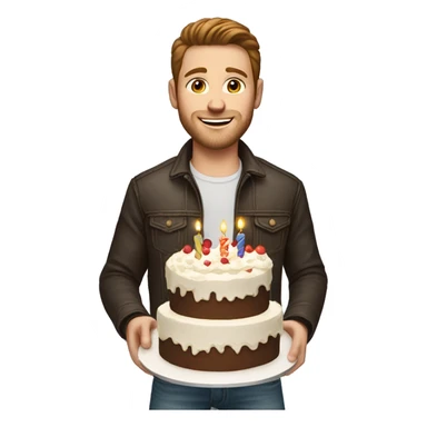 White man brown hair jeans jacket with birthday cake sticker