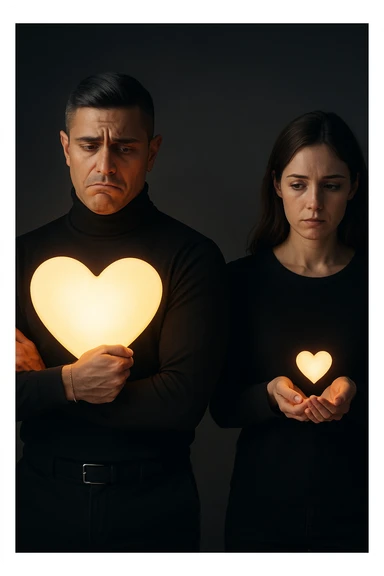 an Italian man in his 30s with olive skin and dark hair stands apart from a woman who offre un piccolo cuore luminoso tra le mani. Lui guarda il cuore con un’espressione triste e insoddisfatta, tenendo tra le braccia un cuore molto più grande e brillante, mentre la distanza tra loro è accentuata da luci soffuse e ombre. sticker