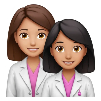 cientificas con blusa rosa y bata blanca felices, una chica con pelo marrón y otra chica un poco mas pequeña como una niña con pelo negro, deben tener la piel un poco bronceadas sticker