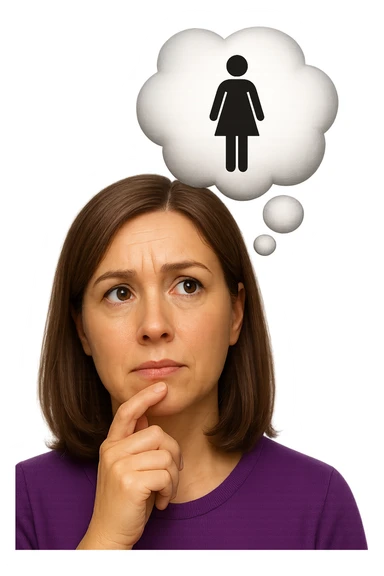 emoji stile iphone di una donna con nuvoletta di pensiero con all'interno la toilet per donne, iperrealistico 4k sticker