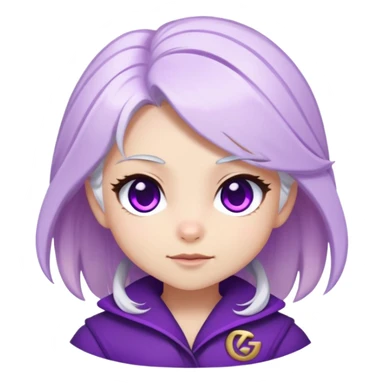 Chibi Sable Ward with playful wink, white hair with purple streaks, fully purple eyes, with small GG text appearing beside her sticker