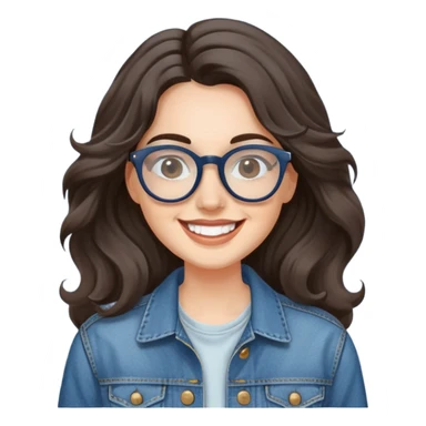 Mujer caucasian, cara redonda, gafas grandes rectangulares, cejas delgadas, pelo oscuro ondulado largo. Sonrisa amplia, expresión feliz. Chaqueta de mahón. sticker