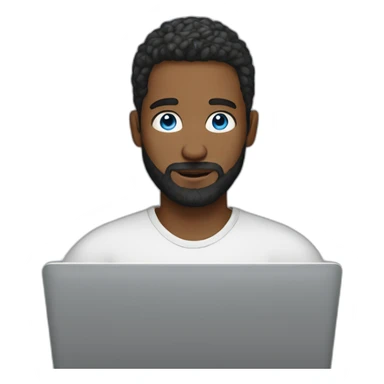 man with blue eyes bun and beard at a laptop sticker