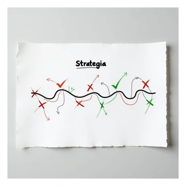 hyperrealistic 4K sheet of paper with the word 'strategia' and a wavy line connecting various points, some with red crosses and others with green check marks, like a path of stages, photorealistic style sticker