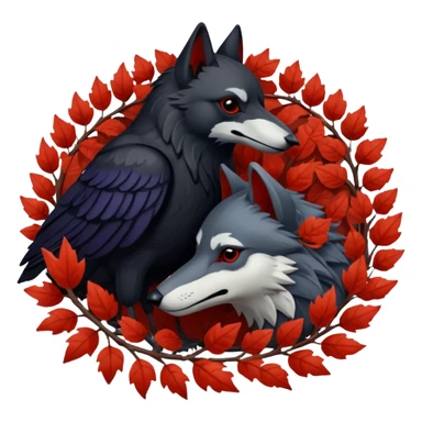 A raven and a wolf curled together with Weirwood leaves beneath them  sticker