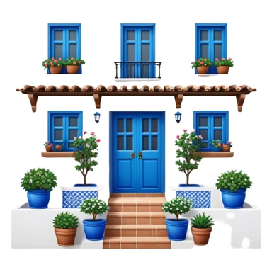 Andalusian-style Spanish house with white walls, blue accents, and flowerpots on windows sticker