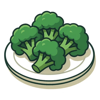 a plate with several broccoli florets, 2D isometric illustration style sticker