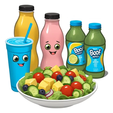 Meal prep pastel flatlay for travel: salads in clear container beside an electrolyte drink with pink cap sticker